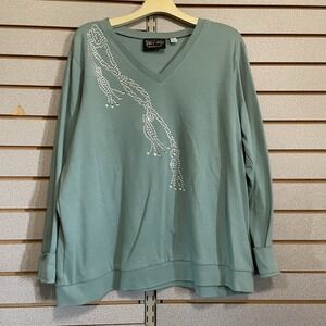 Bob Mackie Wearable Art Top Shirt Blouse Long Sleeves Green Rhinestones L